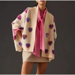 Anthropologie Cream Open Cardigan with Pink and Purple Hearts